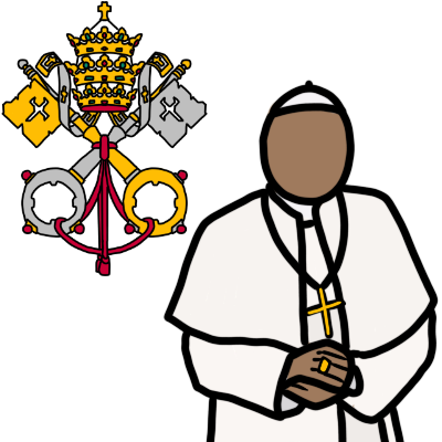 the Holy See's coat of arms (two crossed keys, tied together, with the Papal tiara above them). To the right, a generic figure with light brown skin, dressed in simple Papal vestments: a white zucchetto skullcap, mozzetta, collar, cassock and sash cincture, along with a gold pectoral cross and ring.
